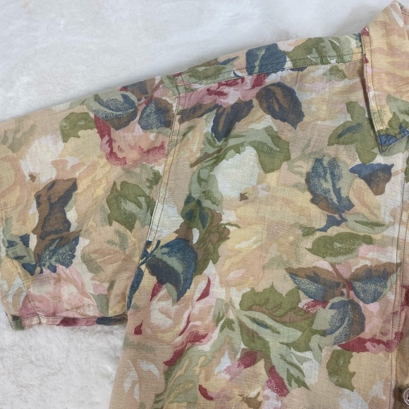 Saddlebred Womens Blouse Small Linen Cotton Floral Button Down Short Sleeve - Picture 2 of 5